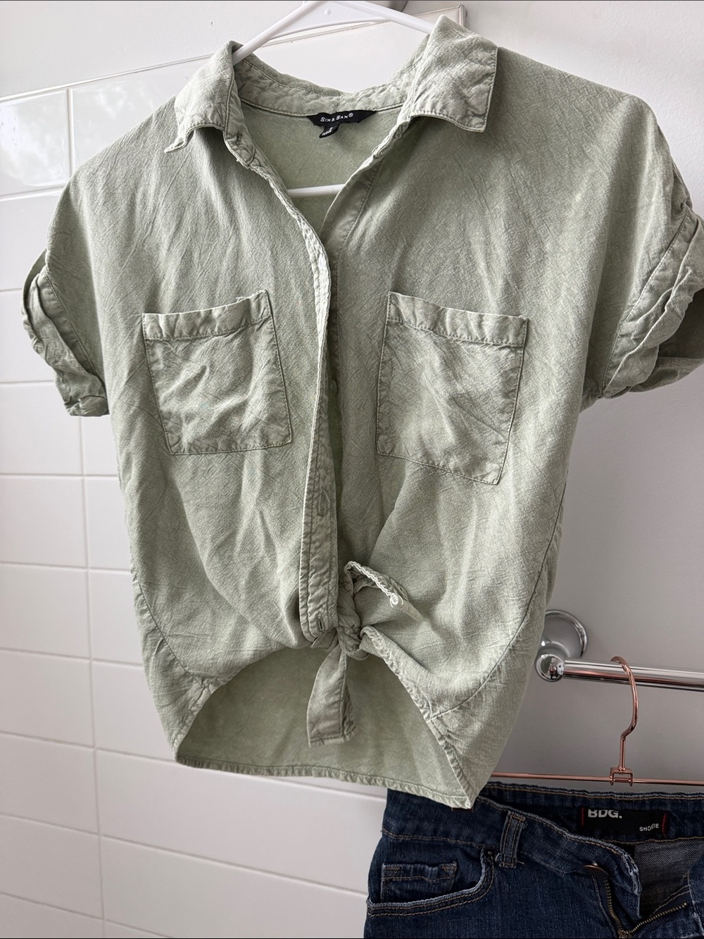 Light Sage Tie-Front Crop Shirt - Women